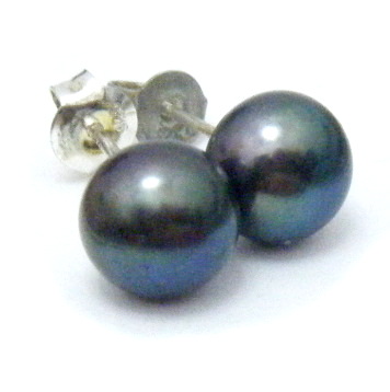 Black 7-7.5mm Button Pearl Stud Earrings on Silver